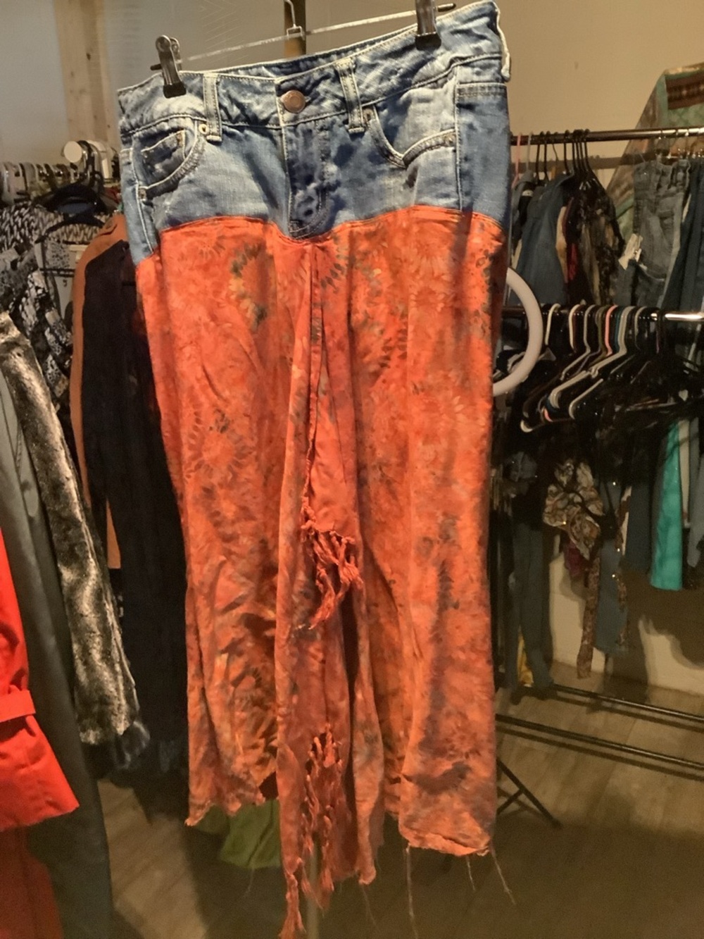 Upcycled Denim & Rust Orange Boho Skirt